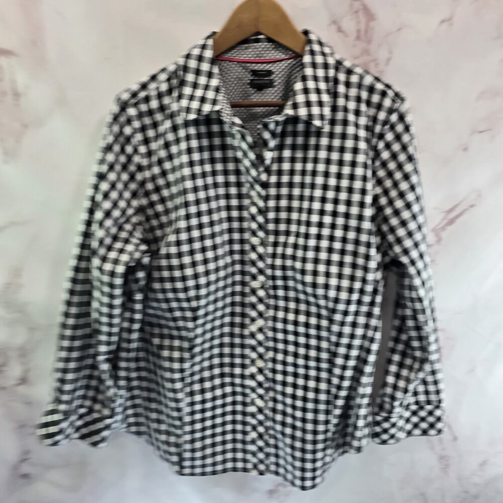 Talbots Shirt Womens 18W 2X Black Gingham Plaid Button Up Long Sleeve